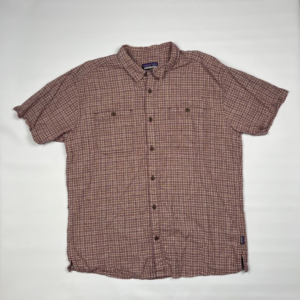 Patagonia Back Step Shirt Short Sleeve Button Down Mens XL Red Plaid Hemp